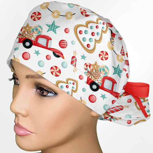 Christmas Trucks Ponytail Scrub Cap