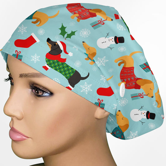 Christmas Weenie Dog Euro Scrub Cap