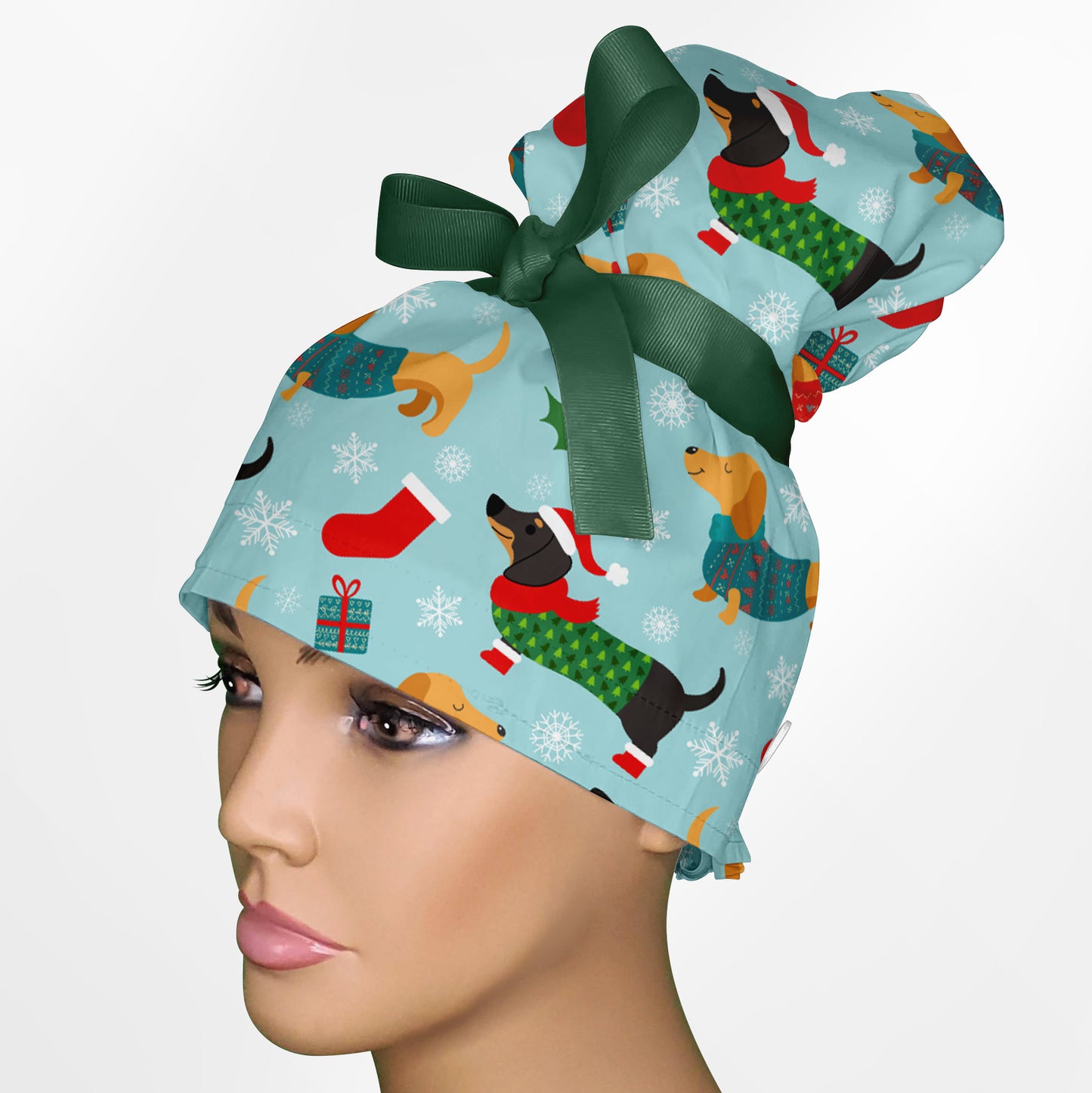 Christmas Weenie Dog High Bun Ponytail Scrub Cap