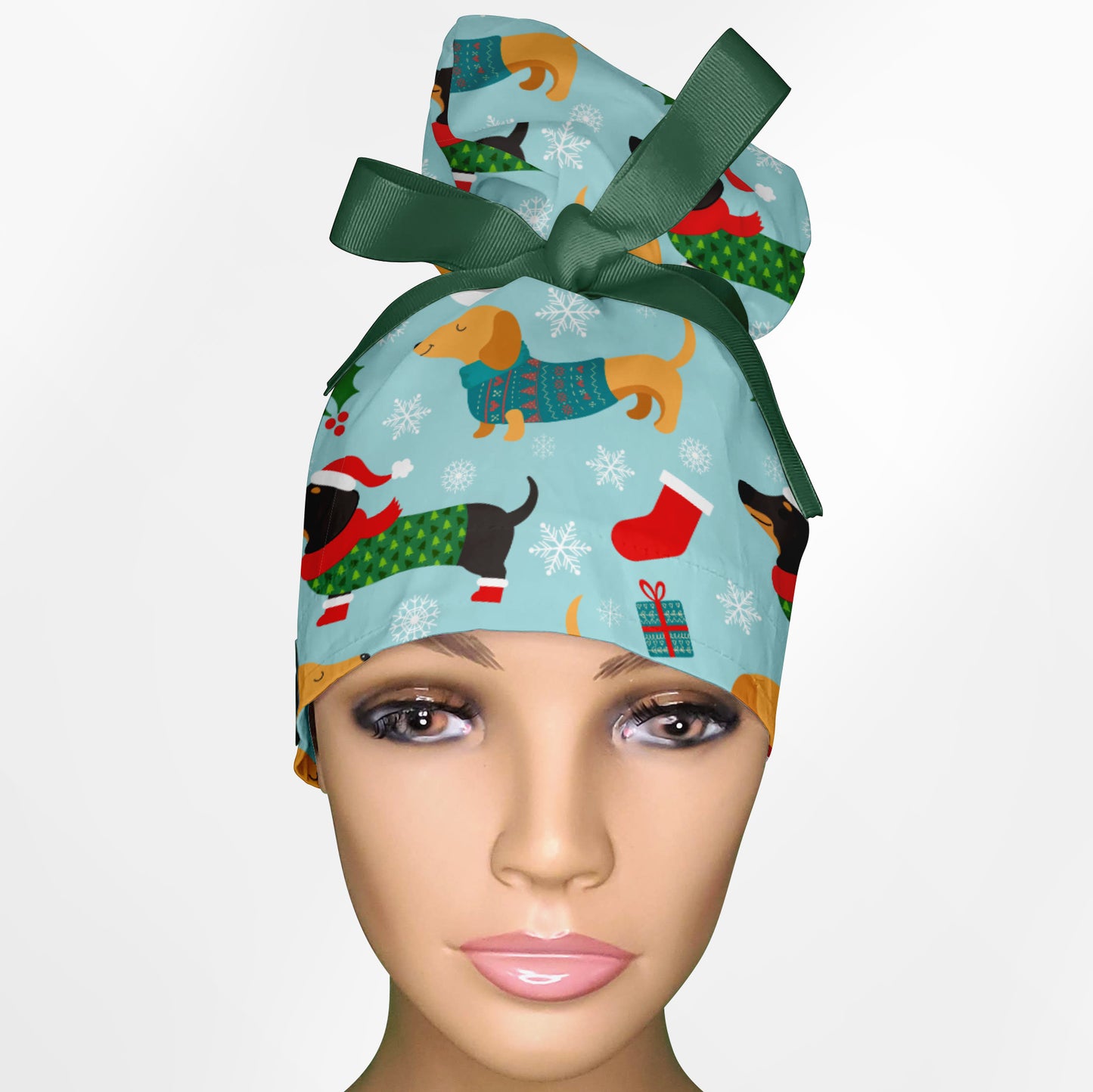 Christmas Weenie Dog High Bun Ponytail Scrub Cap