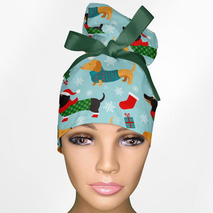 Christmas Weenie Dog High Bun Ponytail Scrub Cap