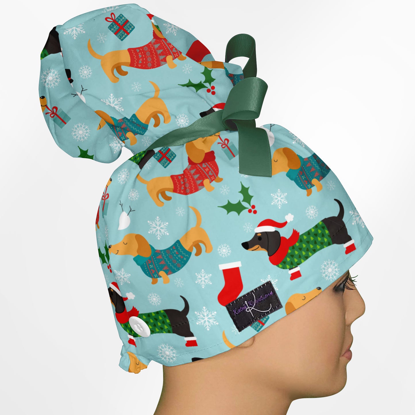 Christmas Weenie Dog High Bun Ponytail Scrub Cap