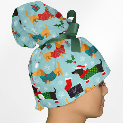 Christmas Weenie Dog High Bun Ponytail Scrub Cap