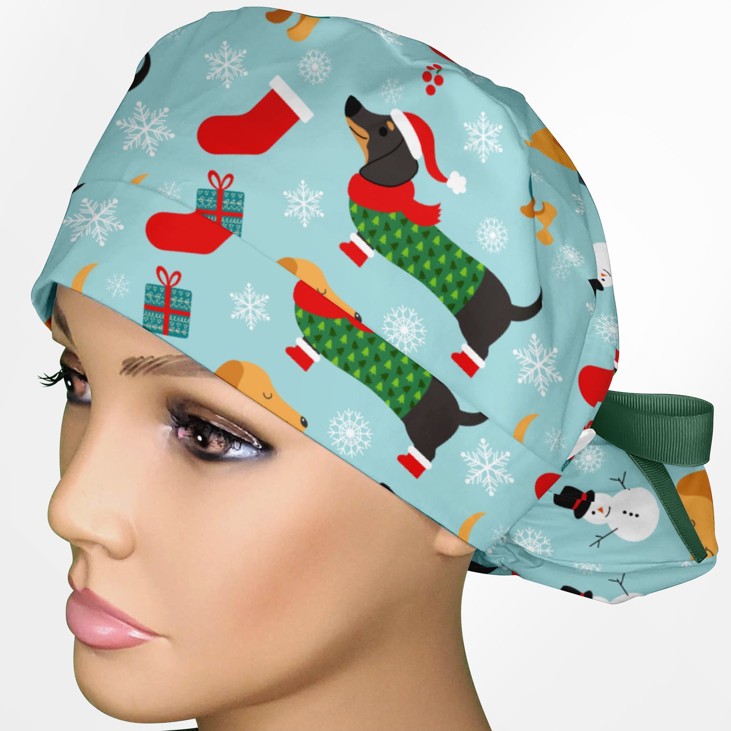 Christmas Weenie Dog Ponytail Scrub Cap