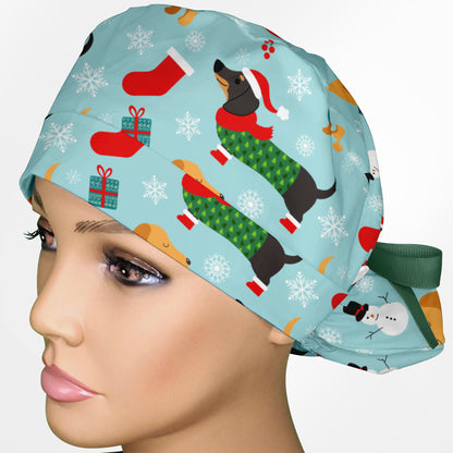 Christmas Weenie Dog Ponytail Scrub Cap