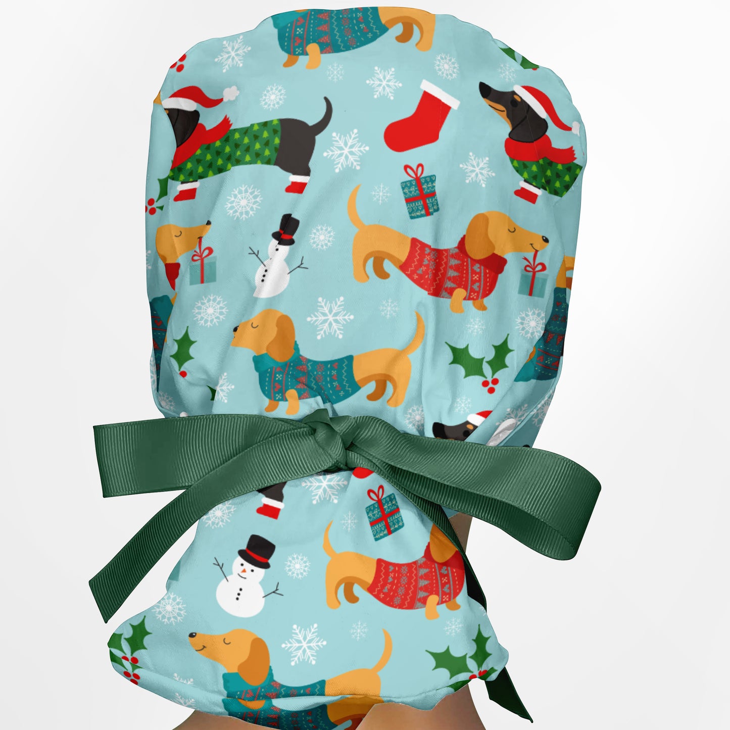 Christmas Weenie Dog Ponytail Scrub Cap