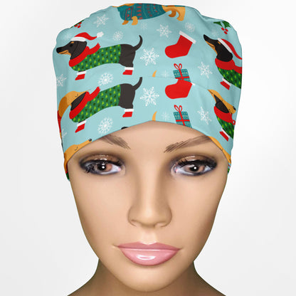 Christmas Weenie Dog Ponytail Scrub Cap
