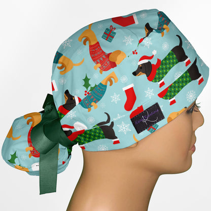 Christmas Weenie Dog Ponytail Scrub Cap