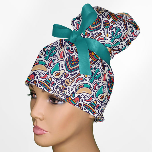 Cinco De Mayo Doodle High Bun Ponytail Scrub Cap
