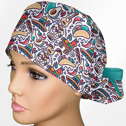 Cinco De Mayo Doodle Ponytail Scrub Cap