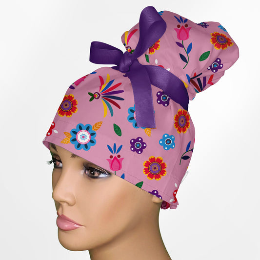 Cinco De Mayo Pink High Bun Ponytail Scrub Cap