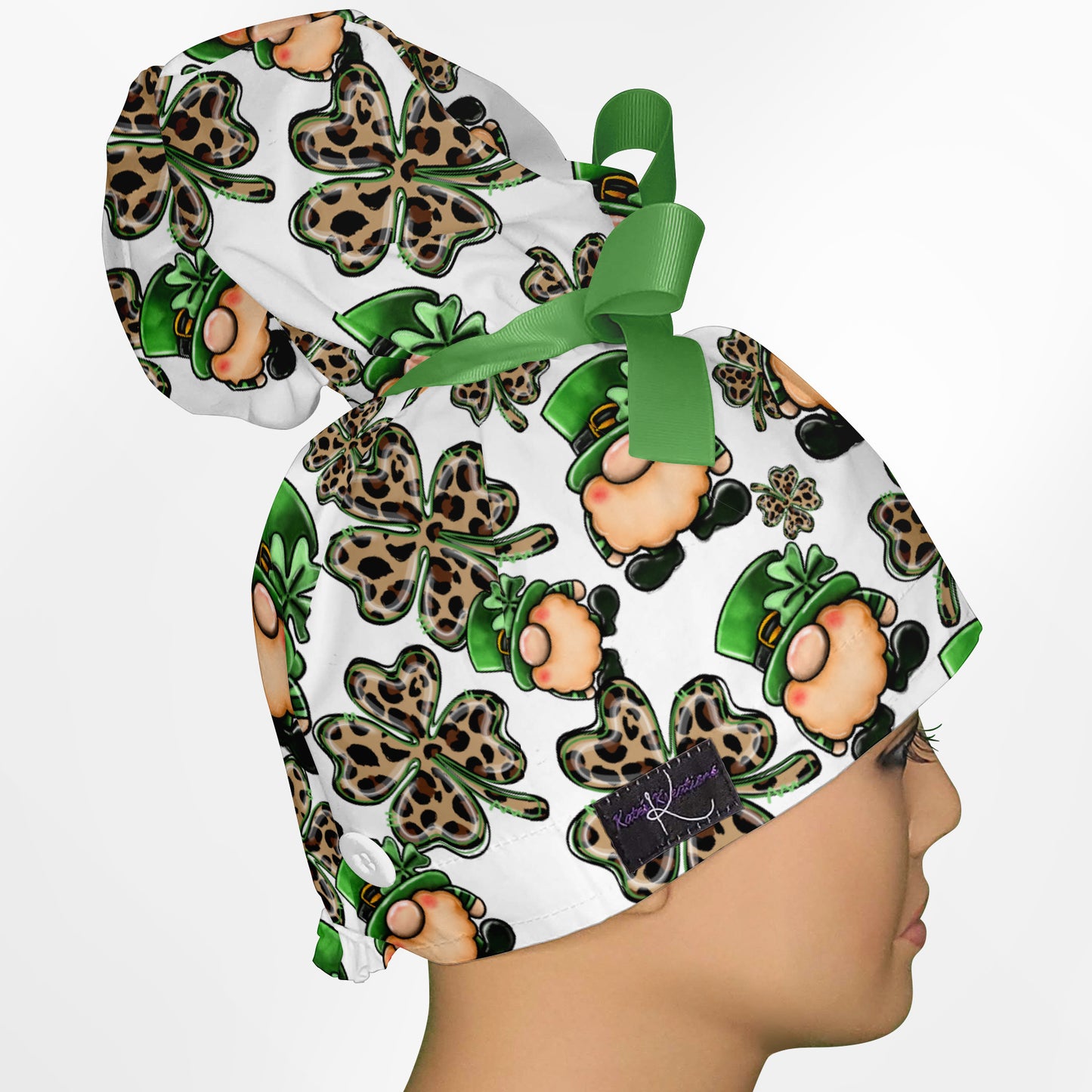 Clover Gnomes High Bun Ponytail Scrub Cap