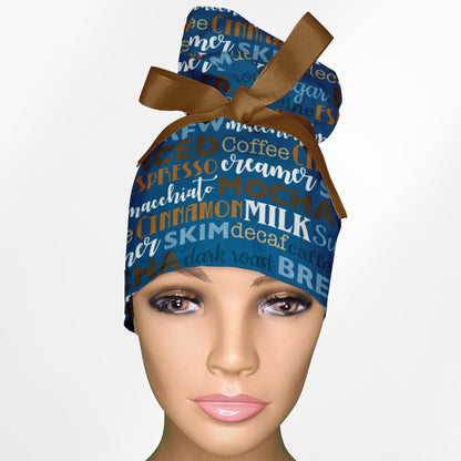 Coffee Words High Bun Ponytail Scrub Cap