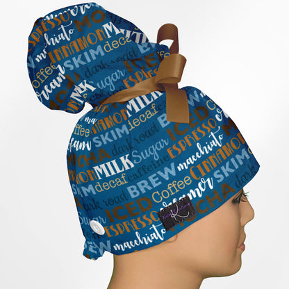 Coffee Words High Bun Ponytail Scrub Cap