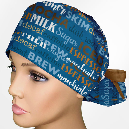 Coffee Words Ponytail Scrub Cap