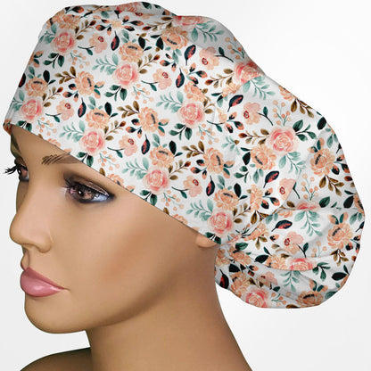 Coral Florals Bouffant Scrub Cap