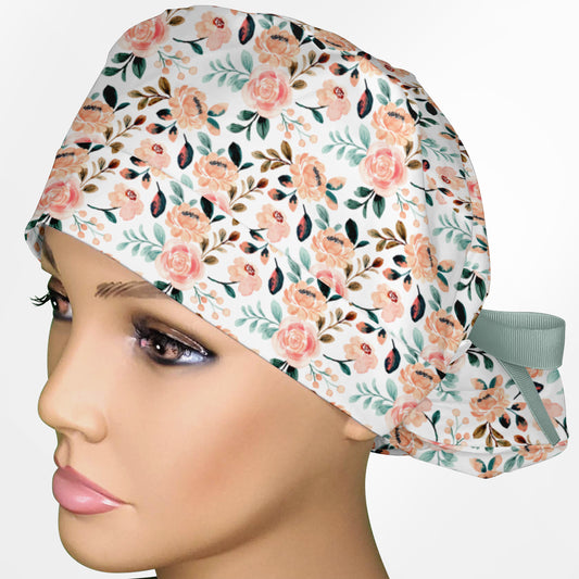 Coral Florals Ponytail Scrub Cap
