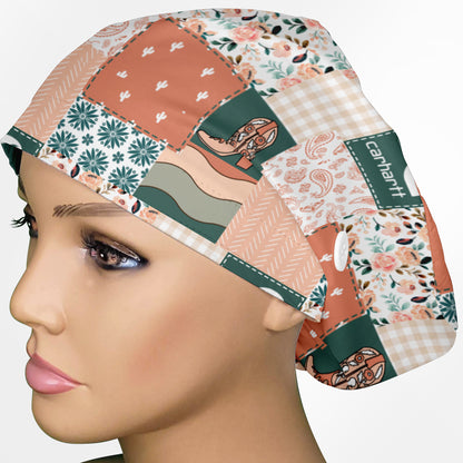Coral Floral Patch Work Euro Scrub Cap
