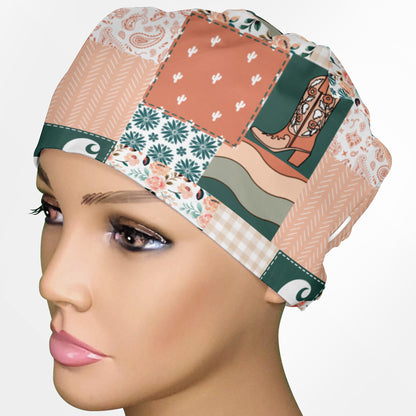 Coral Floral Patch Work Low-Tie Surgeon Scrub Cap