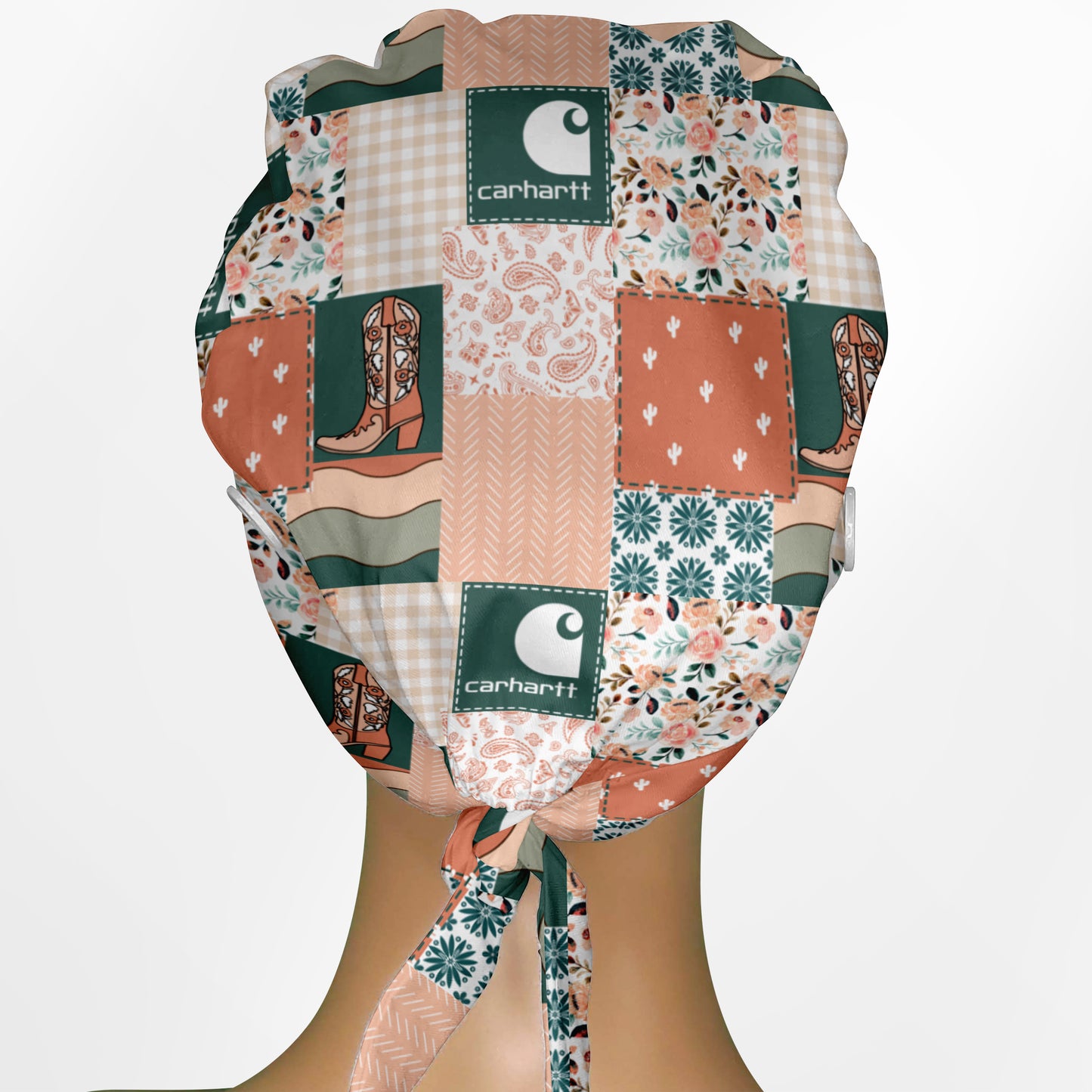 Coral Floral Patch Work Low-Tie Surgeon Scrub Cap