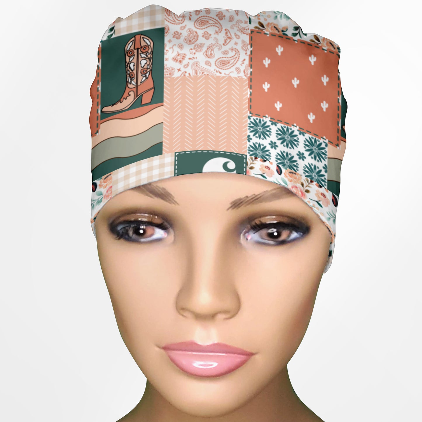 Coral Floral Patch Work Low-Tie Surgeon Scrub Cap