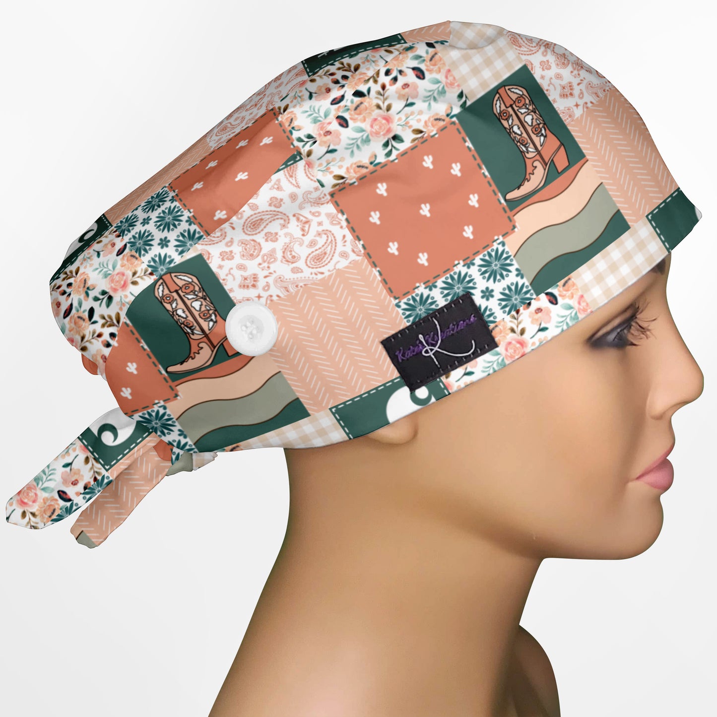 Coral Floral Patch Work Low-Tie Surgeon Scrub Cap