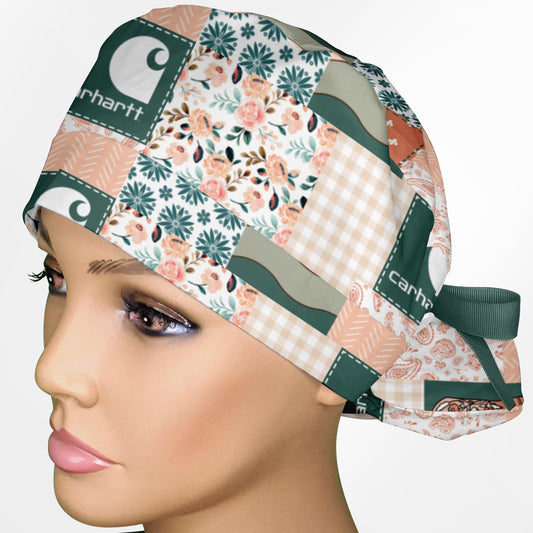 Coral Floral Patch Work Ponytail Scrub Cap