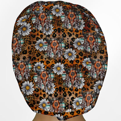 Cow Skull Leopard Euro Scrub Cap