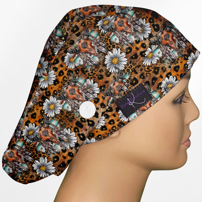 Cow Skull Leopard Euro Scrub Cap