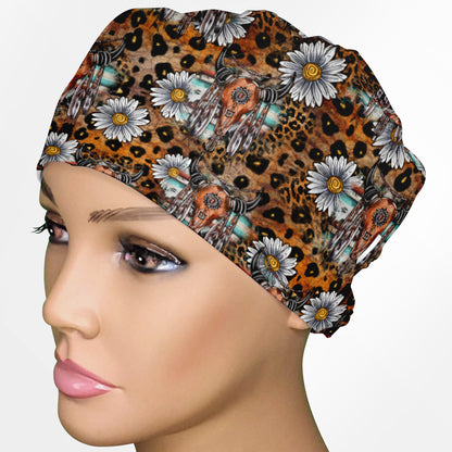 Cow Skull Leopard Low-Tie Surgeon Scrub Cap