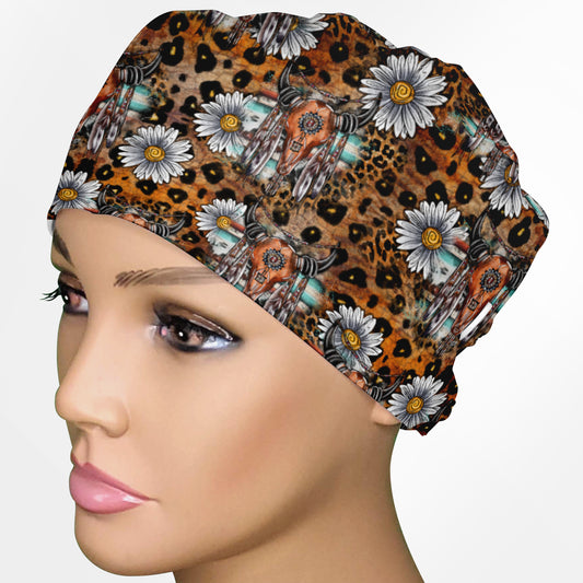 Cow Skull Leopard Low-Tie Surgeon Scrub Cap