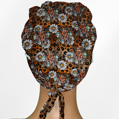 Cow Skull Leopard Low-Tie Surgeon Scrub Cap