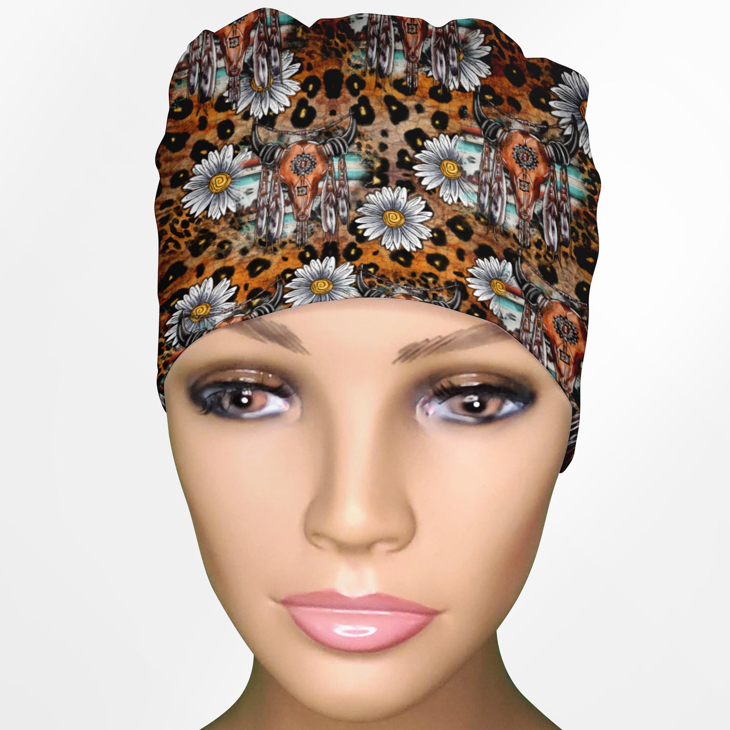 Cow Skull Leopard Low-Tie Surgeon Scrub Cap