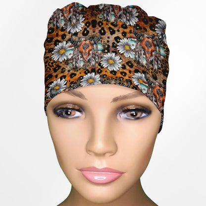 Cow Skull Leopard Low-Tie Surgeon Scrub Cap