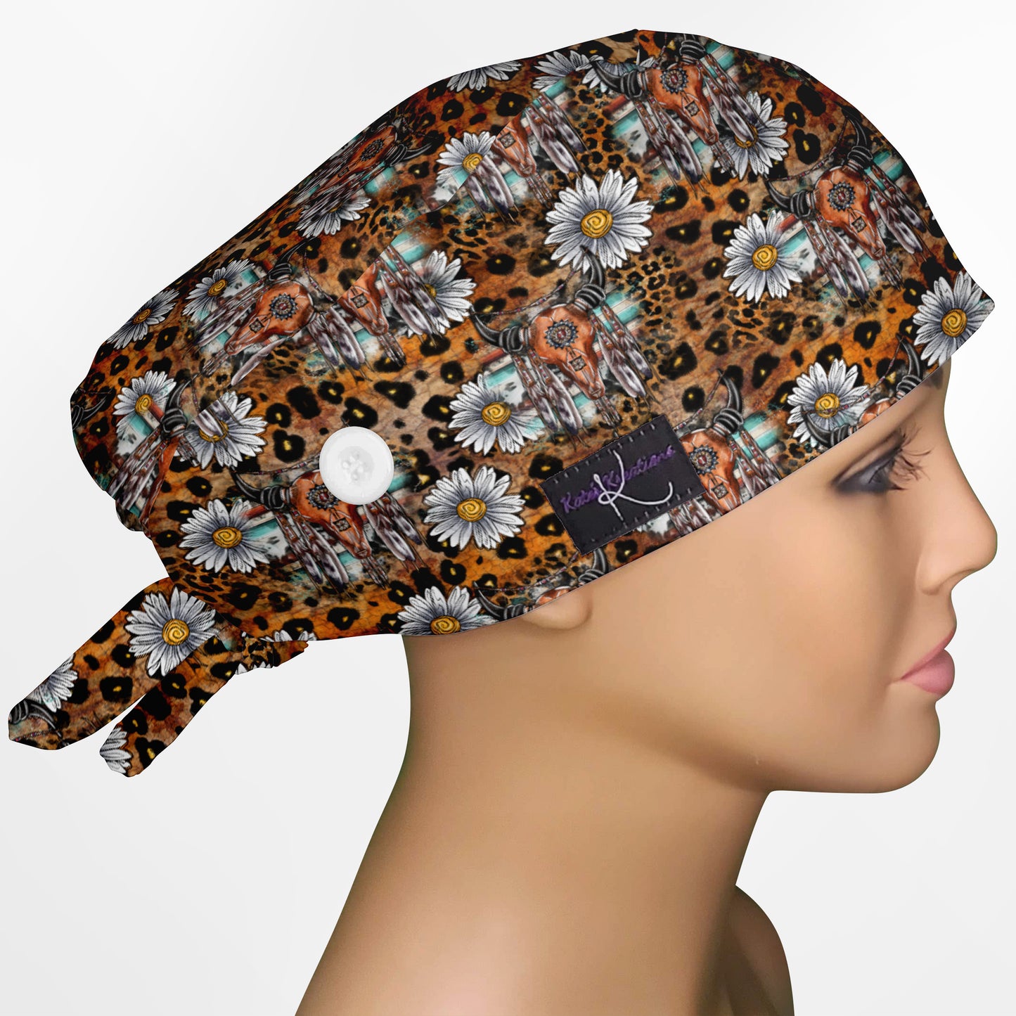 Cow Skull Leopard Low-Tie Surgeon Scrub Cap