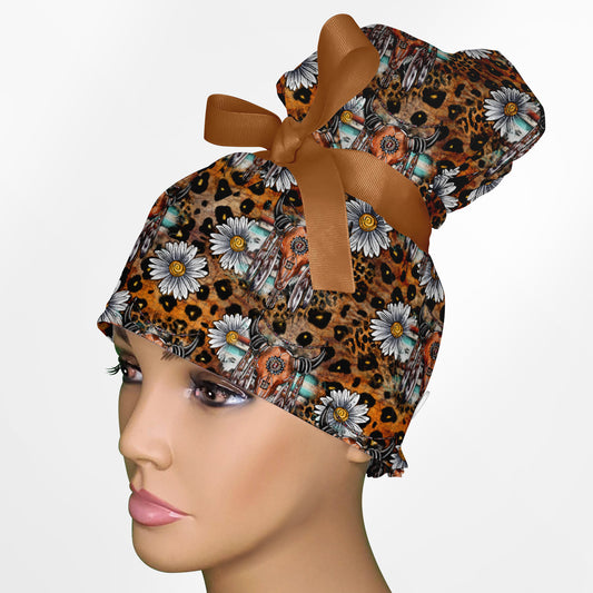 Cow Skull Leopard High Bun Ponytail Scrub Cap