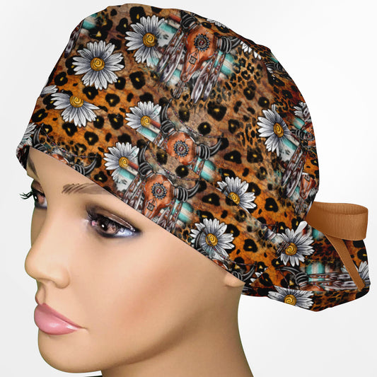 Cow Skull Leopard Ponytail Scrub Cap