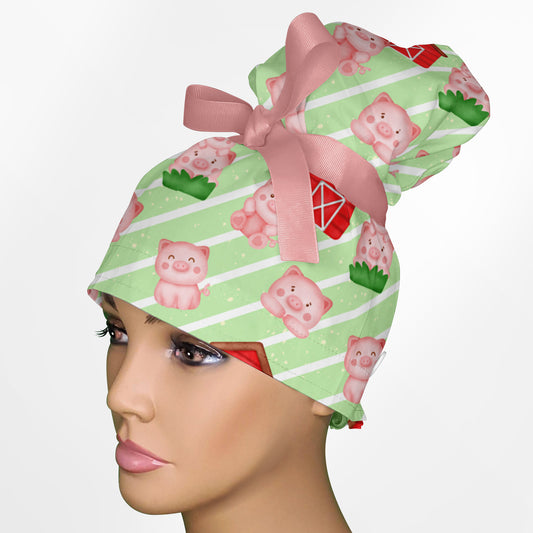 Cute Farm Piggies High Bun Ponytail Scrub Cap