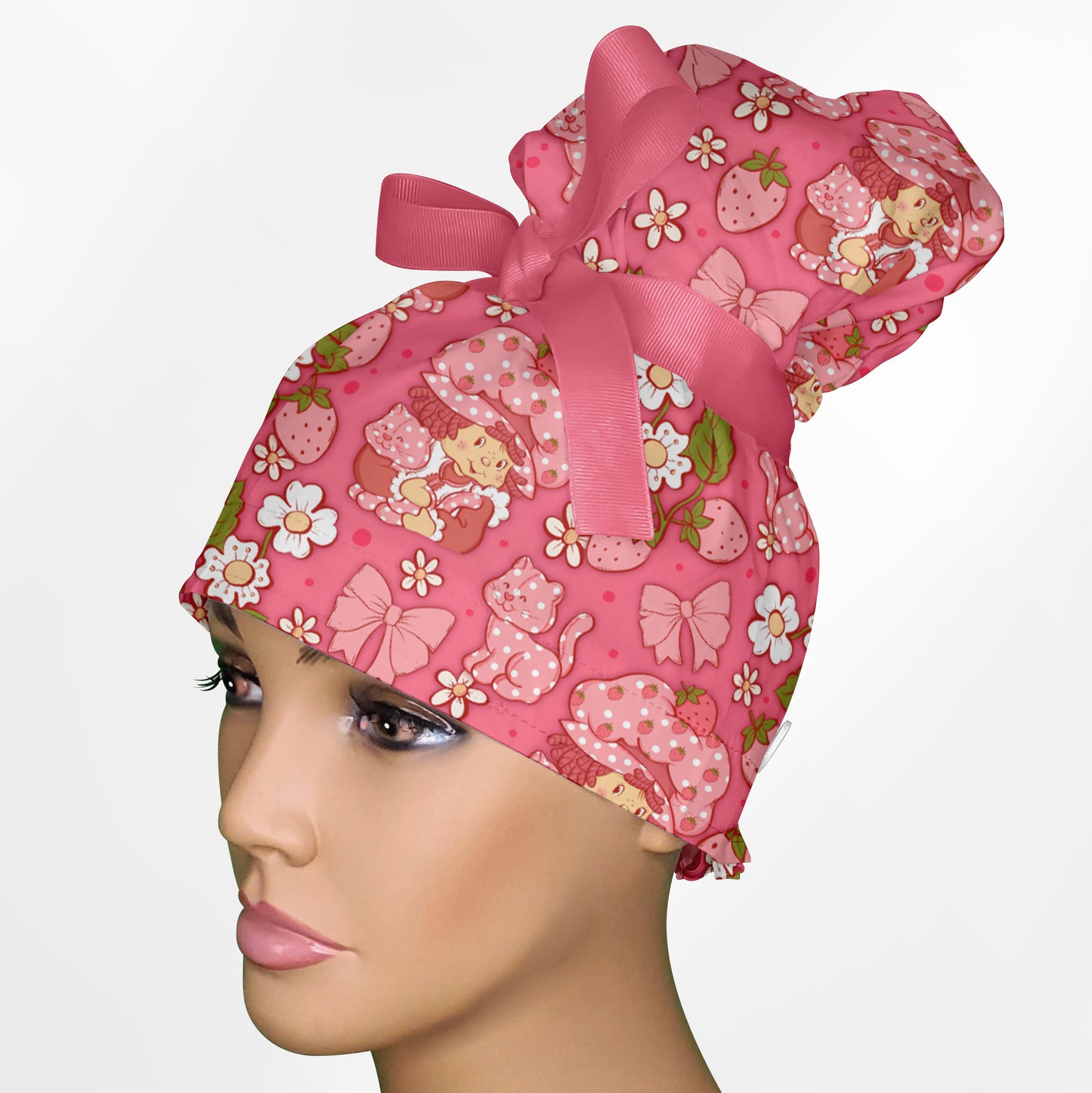 Cute Strawberry Shortcake High Bun Ponytail Scrub Cap