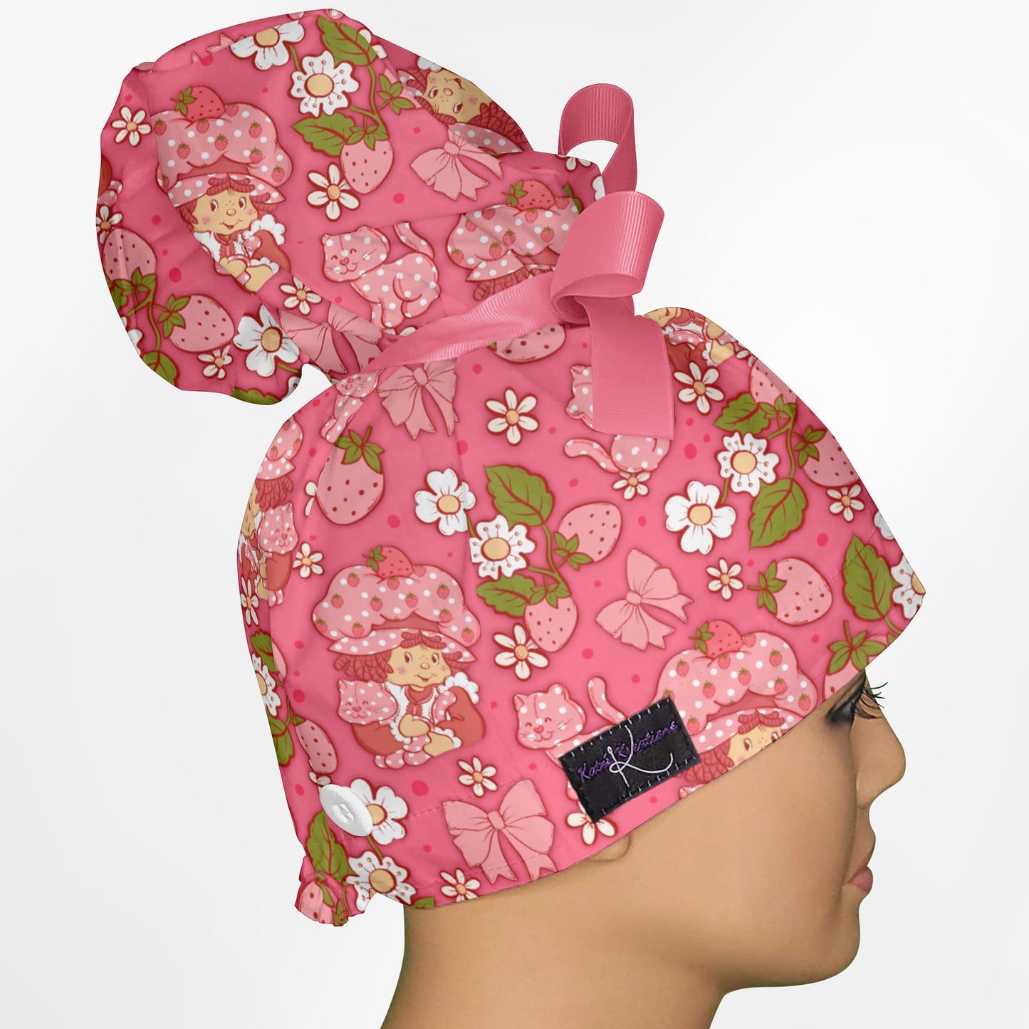 Cute Strawberry Shortcake High Bun Ponytail Scrub Cap
