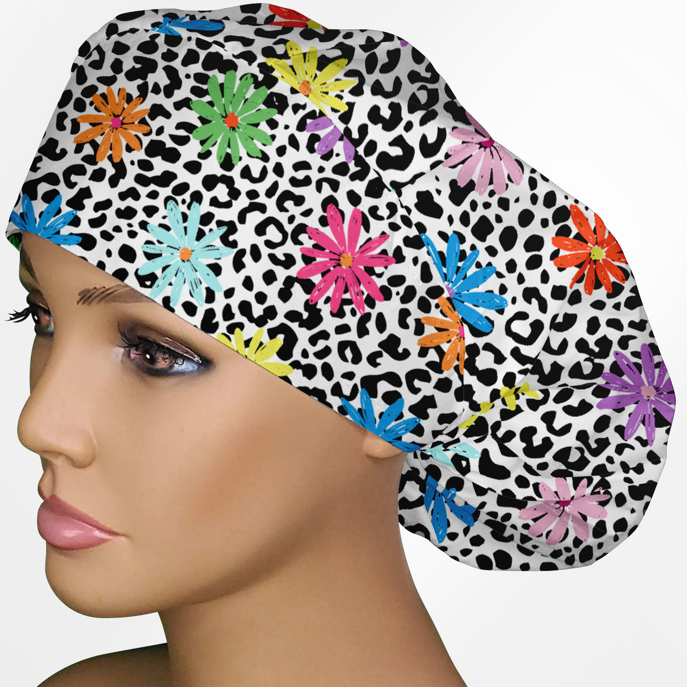 Daisy Leopard Bouffant Scrub Cap