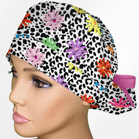 Daisy Leopard Ponytail Scrub Cap