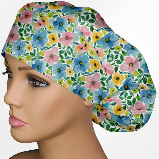 Dark Pastel Floral Bouffant Scrub Cap