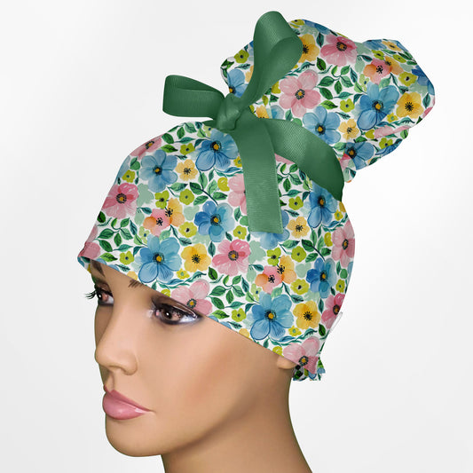 Dark Pastel Floral High Bun Ponytail Scrub Cap