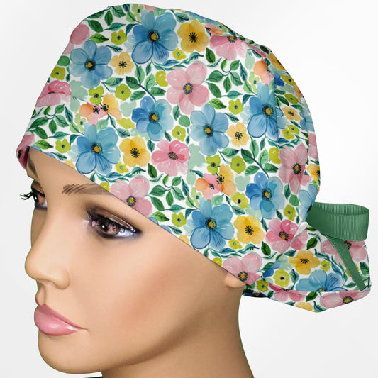Dark Pastel Floral Ponytail Scrub Cap