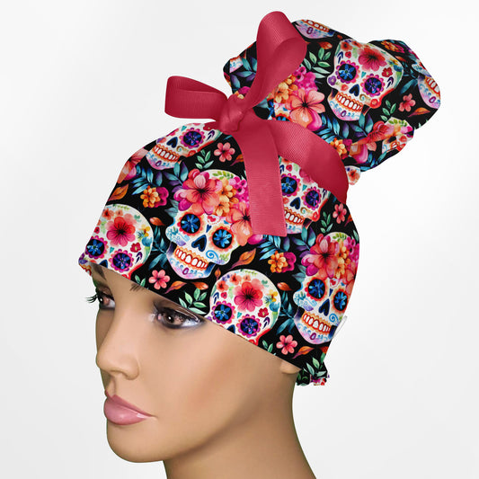 Dia De Los Muertos High Bun Ponytail Scrub Cap