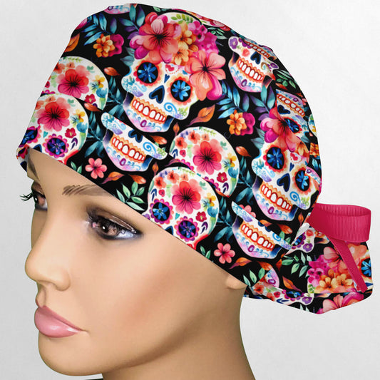 Dia De Los Muertos Ponytail Scrub Cap