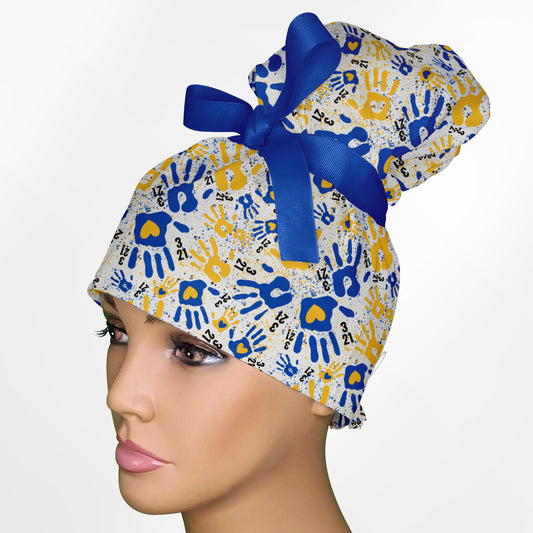 Down Syndrome Hands High Bun Ponytail Scrub Cap