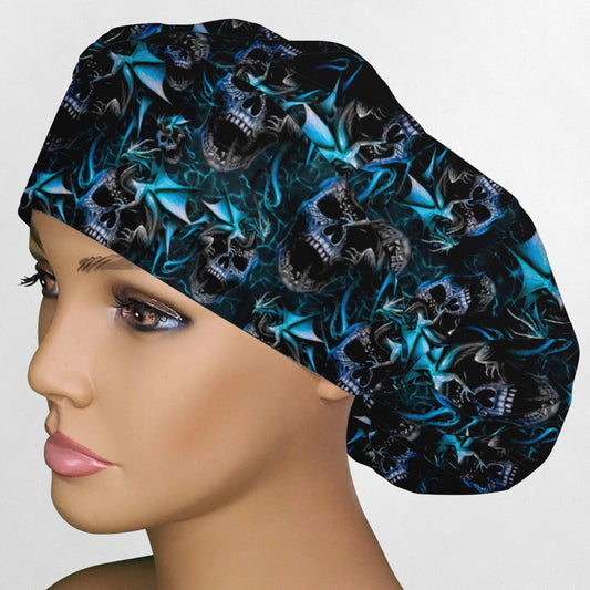 Dragons and Skulls Blue Bouffant Scrub Cap