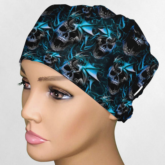 Dragons and Skulls Blue Low-Tie Surgeon Scrub Cap